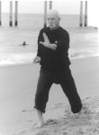 A practitioner of Tai Chi spending some time honing his skill at the beach.